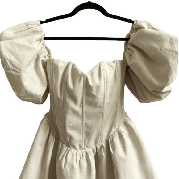 NWT Meshki Sina Ruffle-Sleeve Mini Dress Beige Linen Blend Boutique Designer XS - Picture 6 of 15